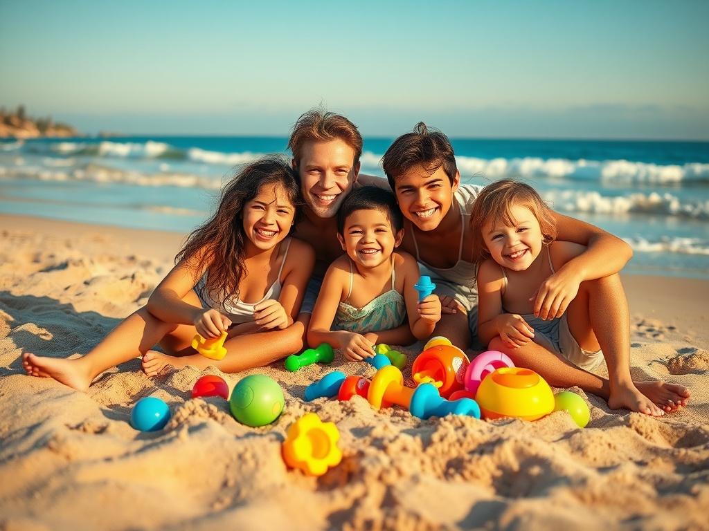 A family enjoying a beach holiday, playing in the sand
