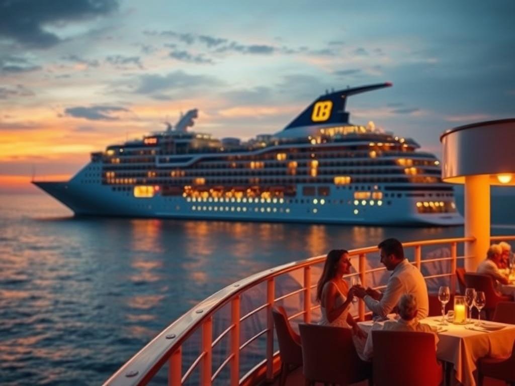 A stunning cruise ship sailing across a calm ocean during