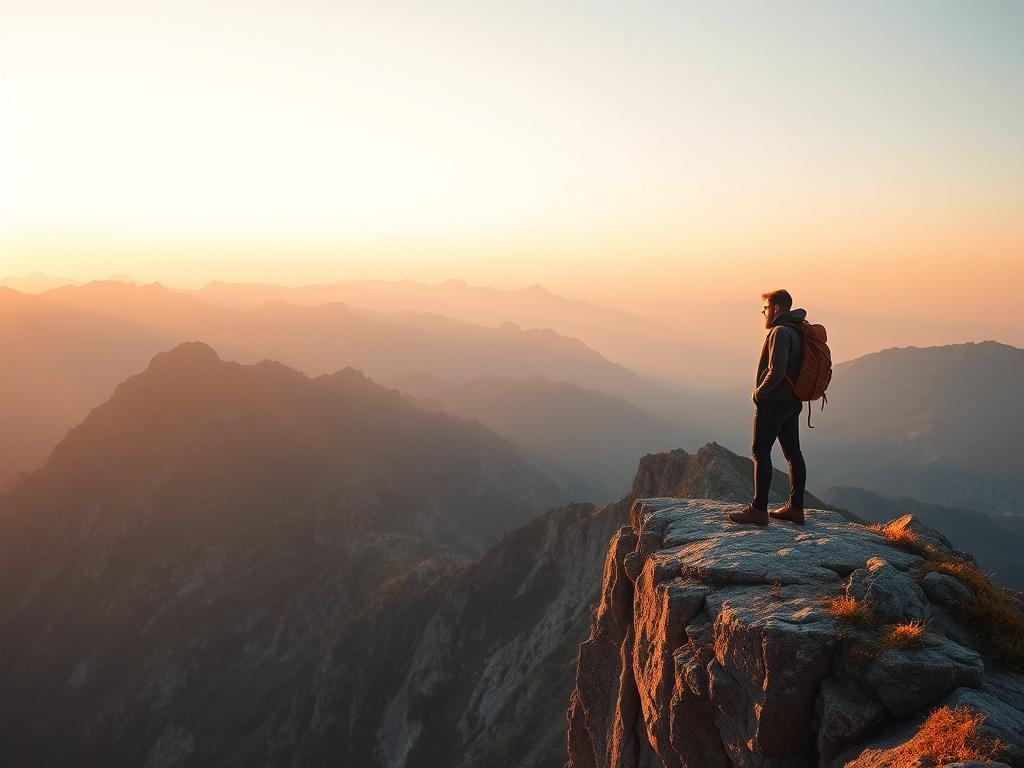 A breathtaking view of a traveler standing at the edge