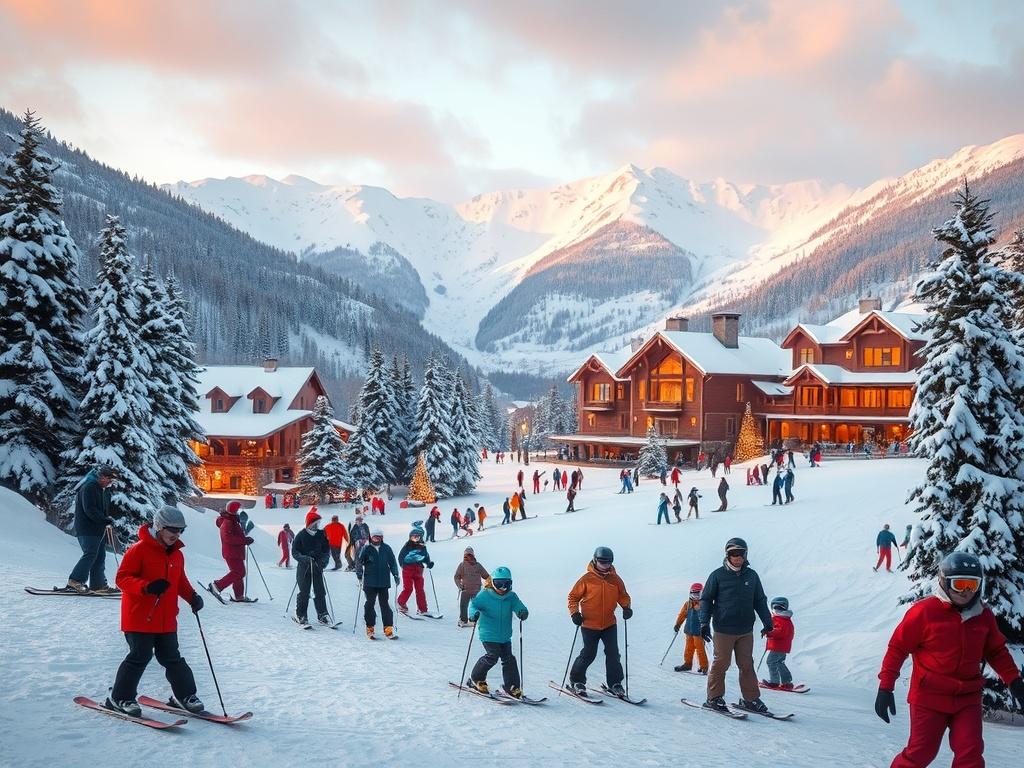 A picturesque ski resort nestled in the mountains, blanketed with