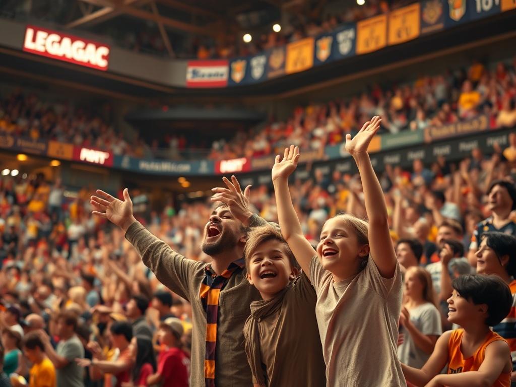 An enthusiastic crowd in a stadium, full of vibrant colors