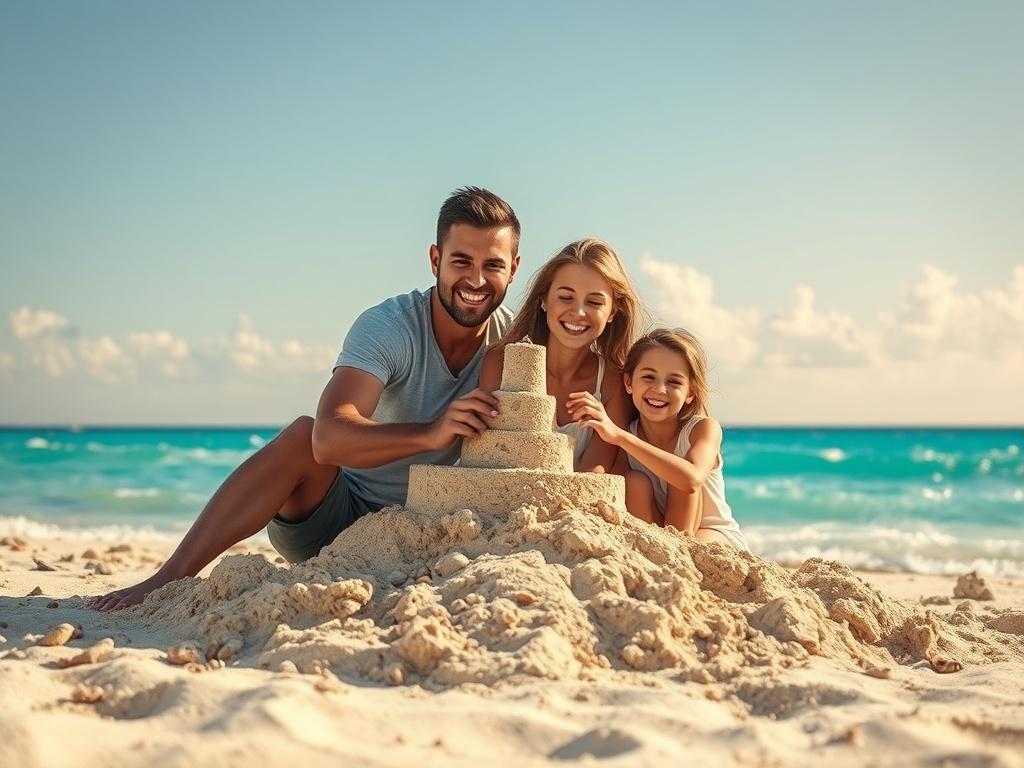 Create a realistic high-resolution photo depicting a joyful family enjoying a sunny beach holiday, encapsulating the essence of creating unforgettable family holidays. The composition should be simple and clear, featuring a single subject: a smiling family of four, consisting of two parents and two children, playfully building a sandcastle together on the beach. 

Position the family slightly off-center to the right, allowing for a panoramic view of the vibrant turquoise ocean and a clear blue sky in the ba