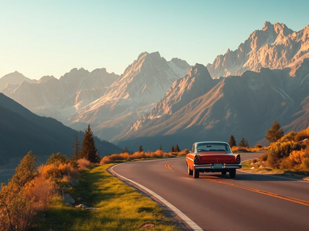 A serene landscape featuring a winding road through the Rocky Mountains, showcasing majestic peaks in the background. The scene is bathed in warm golden hues, with soft lighting enhancing the beauty of the mountains and lush greenery alongside the road. A classic car is cruising along the road, symbolizing adventure and freedom. The atmosphere is tranquil, inviting viewers to envision their own long-haul journey through these stunning landscapes.
