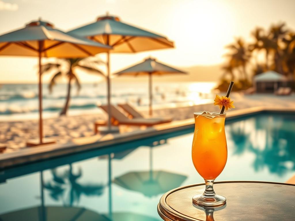 A serene beach scene featuring a pristine swimming pool with comfortable lounge chairs under bright umbrellas. In the background, a tropical beach with soft golden sand and gently lapping waves. The sun is shining warmly, casting a cozy glow over the scene. A refreshing cocktail sits on a table beside the lounge chair, symbolizing relaxation and indulgence. The colors are soft and inviting, creating a serene atmosphere.