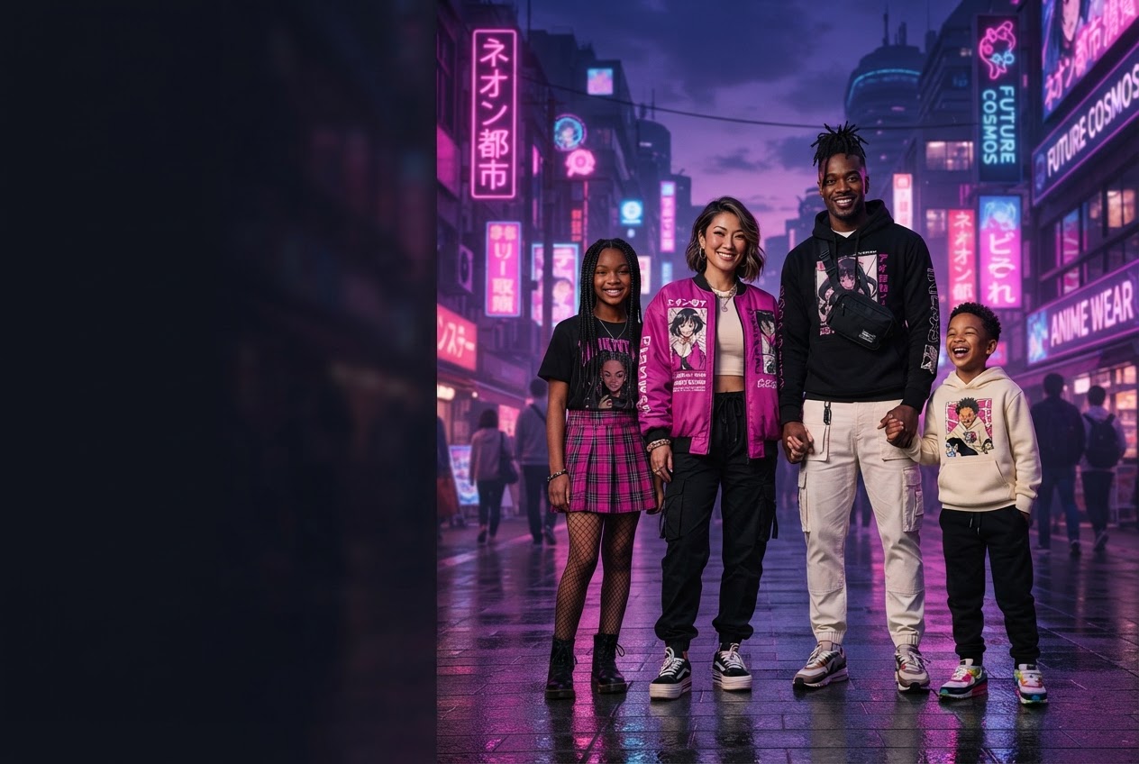 Family wearing anime-inspired streetwear beneath cosmic city lights