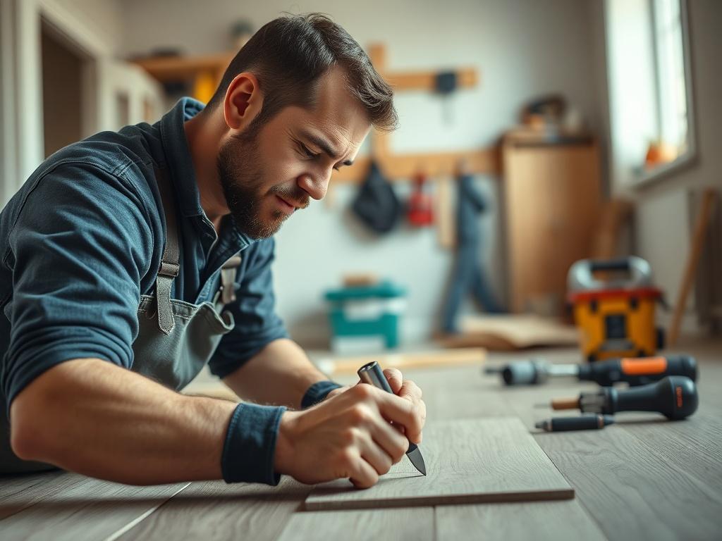A skilled handyman working on a home renovation project, focused
