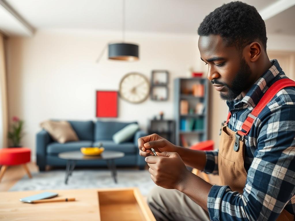 A close-up shot of a Black male handyman assembling furniture in a bright, modern living room. The handyman is focused and skilled, using tools like a screwdriver and measuring tape. The background showcases stylish furniture pieces, with soft neutral cream walls and bright red and blue accents subtly incorporated. The scene conveys professionalism and attention to detail in a clean, inviting atmosphere.
