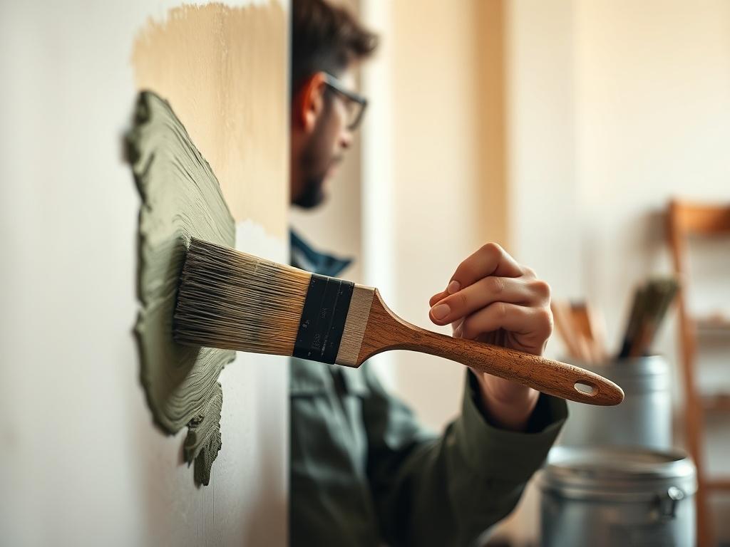 A close-up shot of a skilled painter applying high-quality paint to a wall using a brush, focusing on the brush strokes and texture of the paint. The background should be a softly lit interior space with cream-colored walls, showcasing an inviting atmosphere. The painter should wear professional attire, showing dedication and attention to detail, with paint supplies neatly arranged nearby. The image should capture the essence of professionalism and craftsmanship.