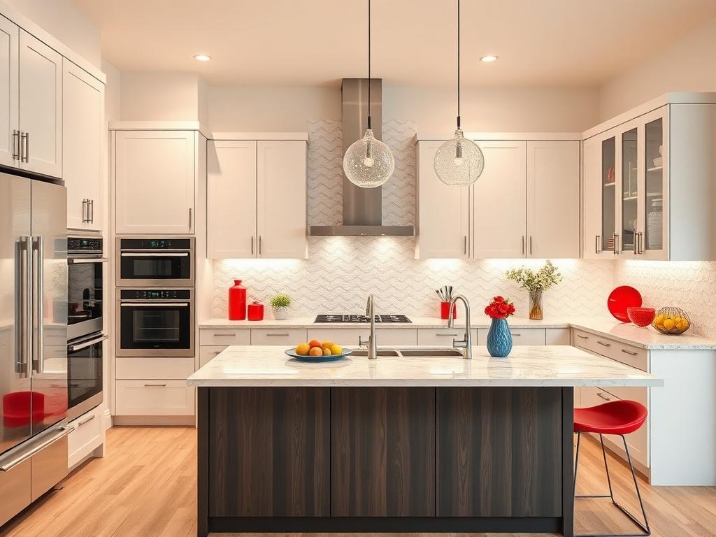 A beautifully renovated kitchen showcasing modern design elements. The composition focuses on a well-lit kitchen with sleek cabinets, a large island with a stylish countertop, and contemporary appliances. The background features a soft neutral cream color with bright red and blue accents in decor items. The image is taken in high-resolution, emphasizing the details of the cabinetry and countertop textures, with a focus on a single subject in the kitchen.