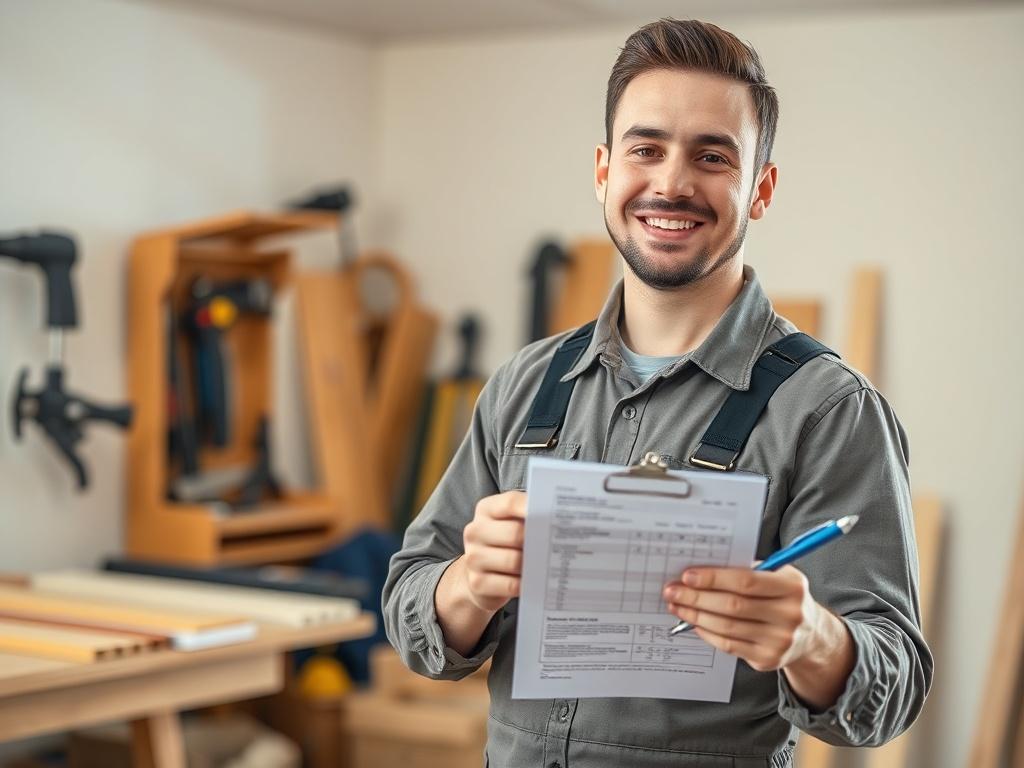 A close-up shot of a friendly handyman in a professional uniform, holding a clipboard with a detailed estimate in one hand and a pen in the other, standing in a well-lit and tidy workshop. The background features tools and materials neatly organized, with a soft neutral cream/tan color scheme. The handyman is smiling and looking directly at the camera, conveying trust and professionalism.