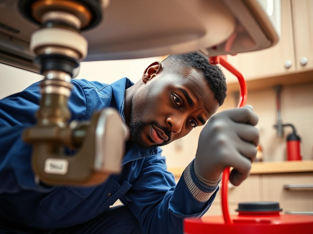 A close-up shot of a skilled Black plumber working on a plumbing pipe under a kitchen sink. The plumber wears a blue uniform and safety gloves, focused on repairing the pipe. The background shows a clean, modern kitchen with neutral cream and tan colors, accented by bright red and blue elements. The lighting highlights the plumber's concentration and expertise, creating an engaging and professional atmosphere.