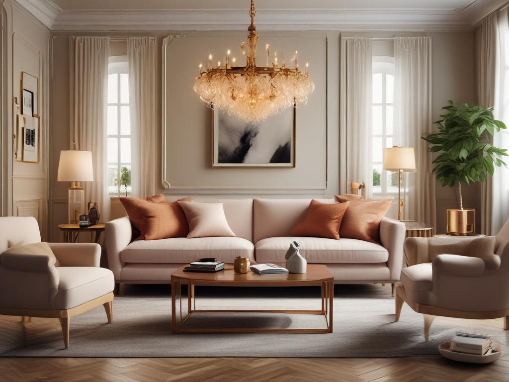 A stylishly decorated room showcasing a blend of modern and vintage furniture. Soft golden lighting enhances the warm atmosphere, with decorative cushions and art pieces carefully arranged. The composition highlights the beauty of well-chosen decor elements that create an inviting and cozy environment.