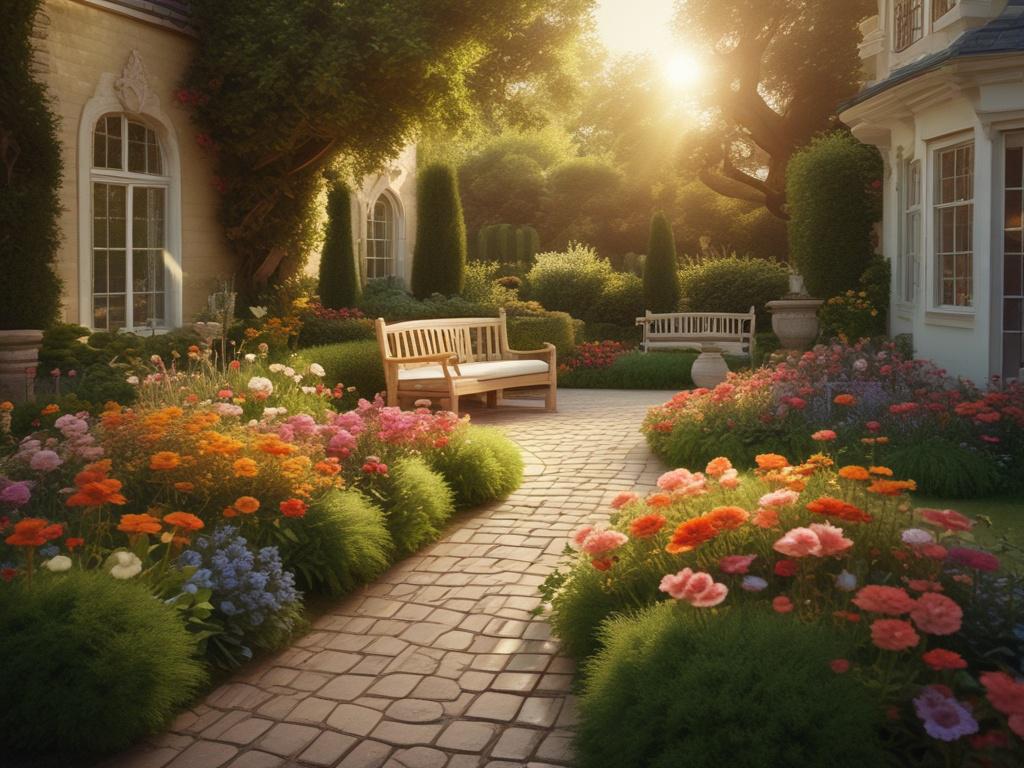 A beautifully landscaped garden featuring a variety of colorful flowers, neatly trimmed hedges, and a cozy seating area. The scene is bathed in soft golden light, creating a tranquil atmosphere. A pathway leads through the garden, inviting relaxation and enjoyment of the natural surroundings.