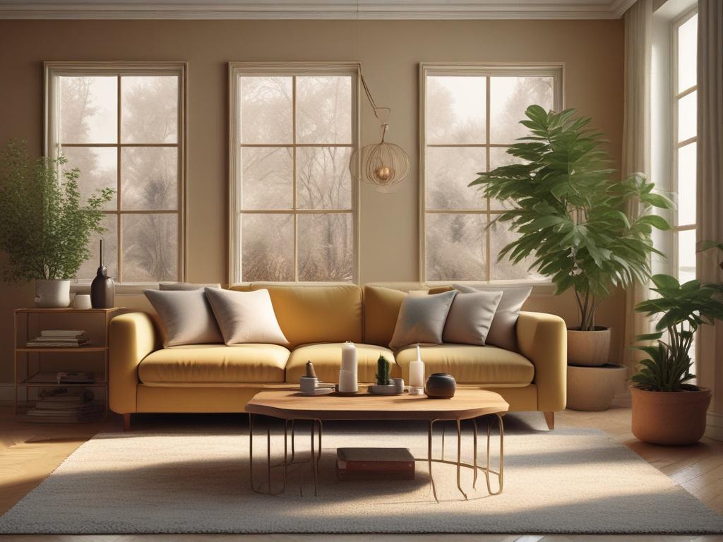 A cozy interior living room featuring a stylish sofa, a wooden coffee table, and warm golden lighting. The walls are painted in soft hues, with decorative elements like plants and art pieces. The atmosphere is serene and inviting, showcasing the beauty of a well-designed space.