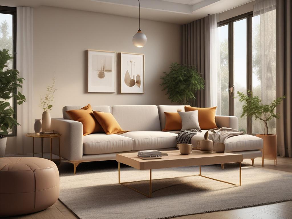 A serene and cozy interior space featuring a well-designed living room with soft lighting, warm golden hues, and elegant furniture. The focus is on a stylish sofa with decorative pillows and a coffee table adorned with a small plant. The background should include subtle wall art and a soft rug, creating a welcoming atmosphere.