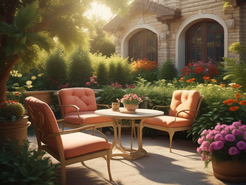 A beautifully landscaped garden showcasing a variety of plants and flowers in vibrant colors. The scene includes a comfortable seating area with a small table, surrounded by lush greenery and blooming flowers. Soft sunlight filters through the leaves, creating a peaceful and inviting atmosphere.