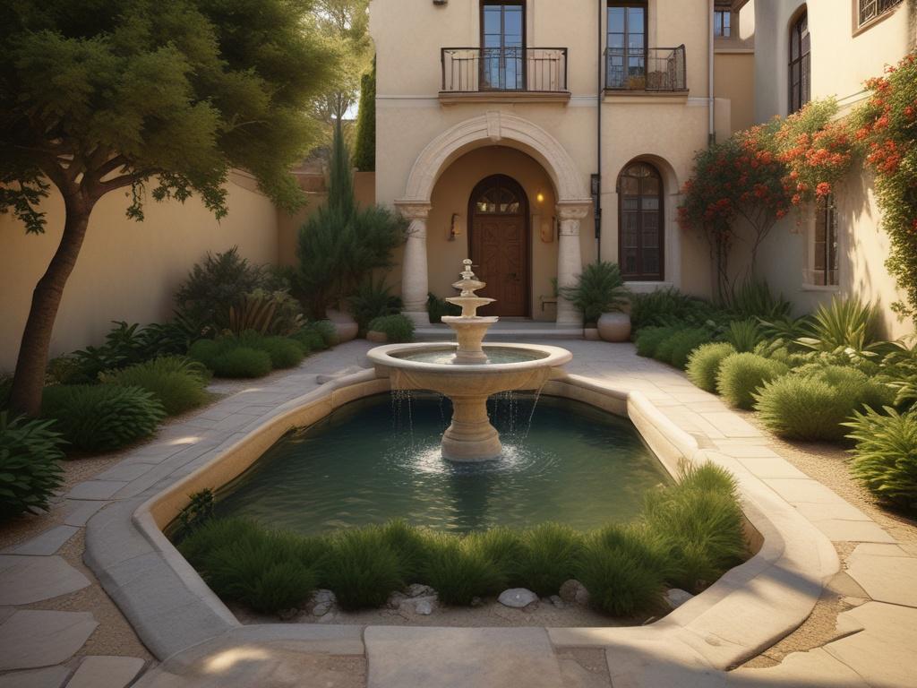 A beautiful Mediterranean garden featuring native plants, stone pathways, and a serene water fountain. The composition should focus on a cozy seating area surrounded by lush greenery and soft lighting, creating a tranquil atmosphere perfect for relaxation.