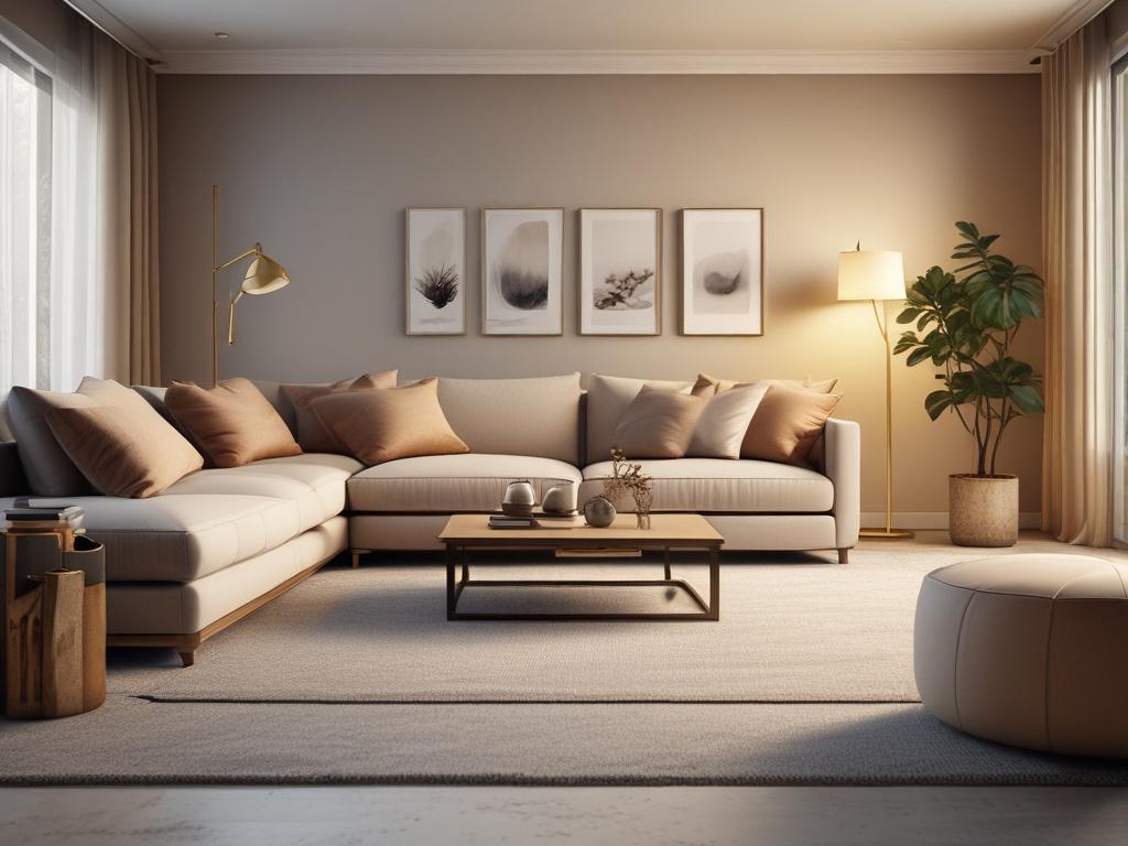 A cozy living room transformation featuring warm golden hues, soft lighting, and elegant furniture. The composition should focus on a single inviting sofa with decorative pillows, surrounded by soft textures and a warm atmosphere. The background should be minimalistic, enhancing the serene vibe.