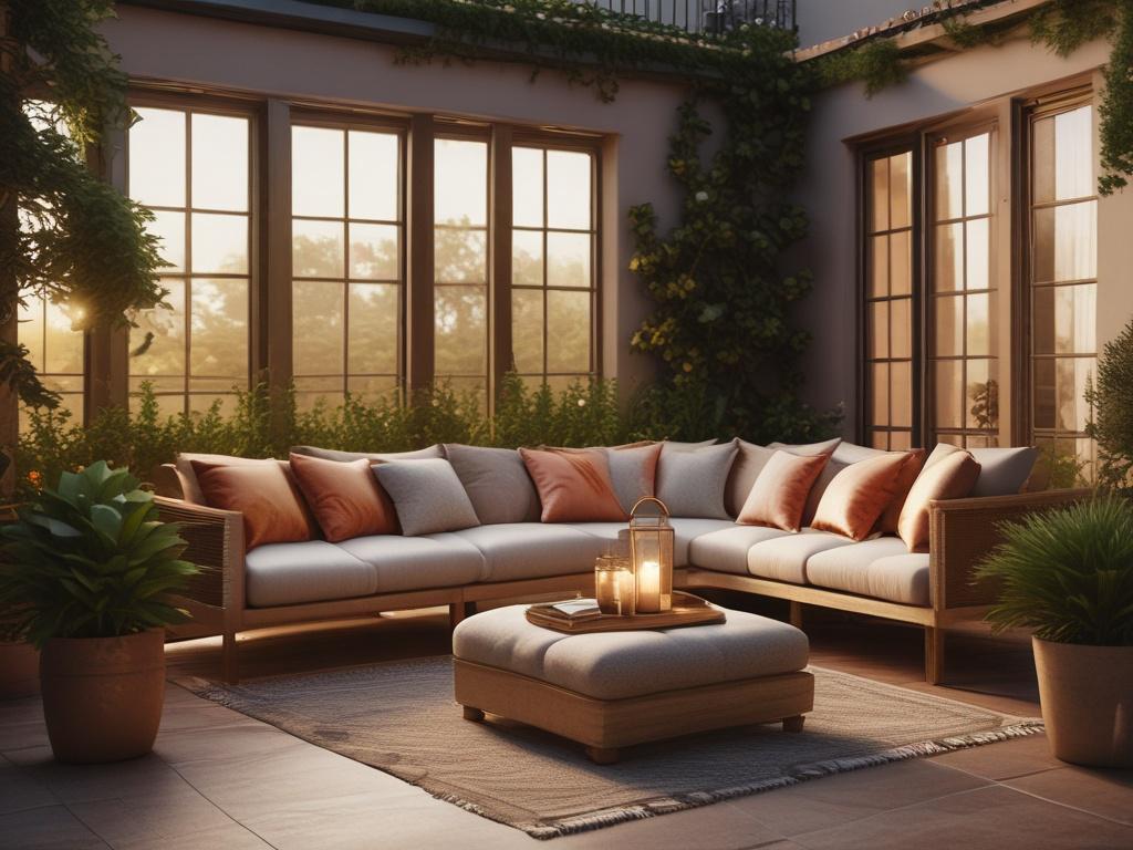 A redesigned outdoor terrace featuring comfortable furniture and lush potted plants. The composition should focus on a cozy seating arrangement adorned with soft blankets and pillows, illuminated by gentle lighting, creating a warm and inviting atmosphere for relaxation.