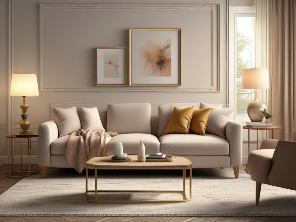A cozy interior living room designed by Elena Designs, featuring a stylish sofa, elegant lighting, and a warm color palette. The room should be filled with soft textures and natural elements, creating a welcoming atmosphere. The composition should focus on the living area, with a serene ambiance and a hint of greenery in the background.