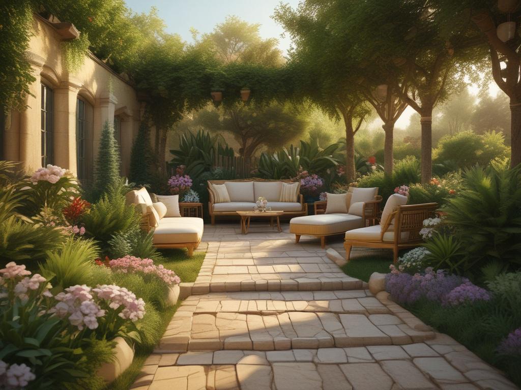 A stunning garden landscape designed by Elena Designs, featuring a variety of plants, flowers, and decorative elements. The scene should illustrate a harmonious blend of nature and design, with pathways and cozy seating areas that invite relaxation. The composition should highlight the garden's beauty and tranquility.