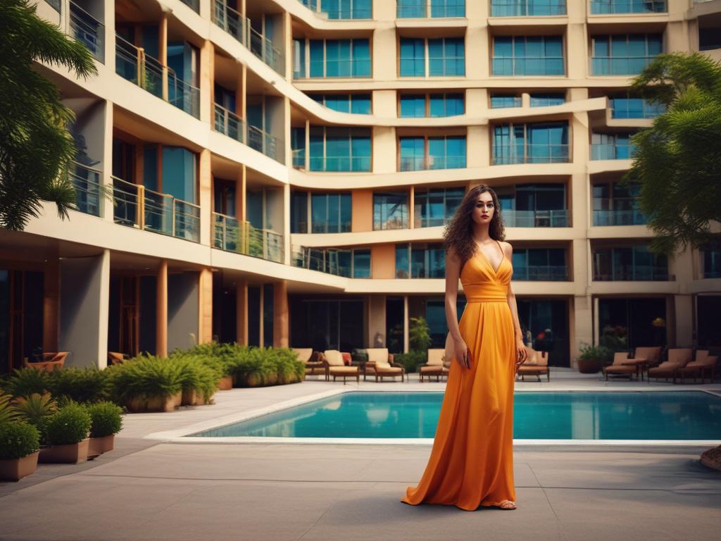A stunning, glamorous woman in a stylish dress, exuding confidence