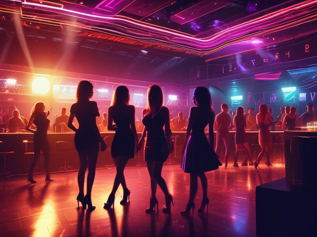 A glamorous scene of a lively nightclub with a group