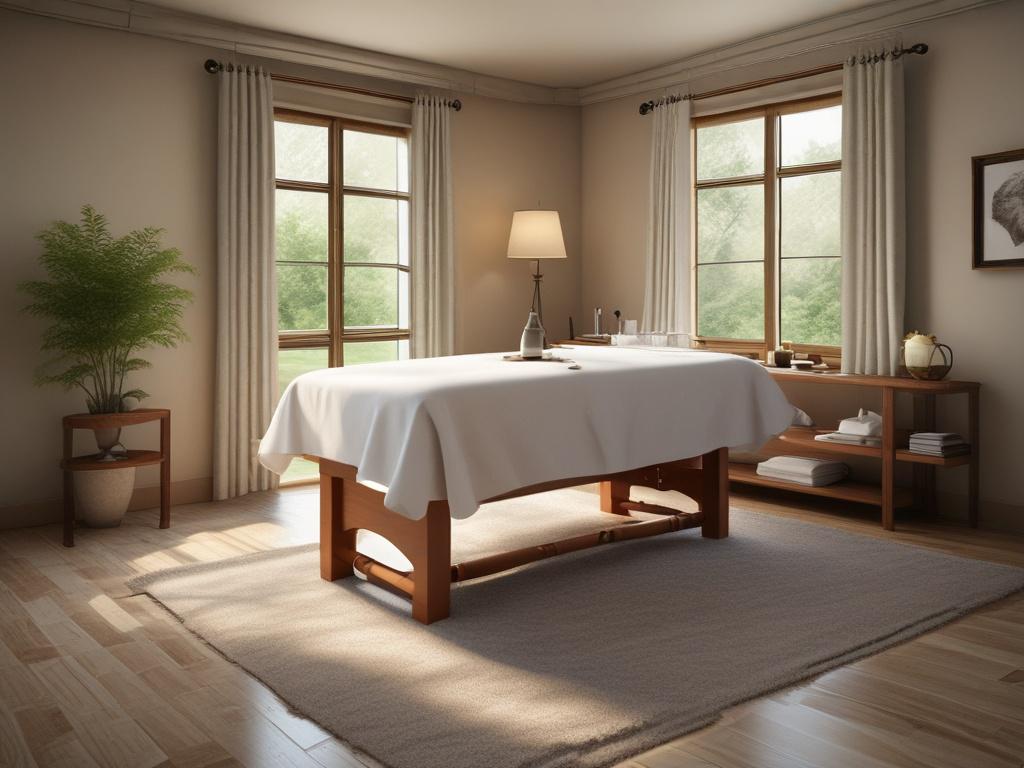 A serene spa like environment featuring a massage table adorned