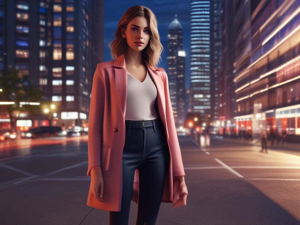 A stunning young woman in a stylish outfit, standing confidently