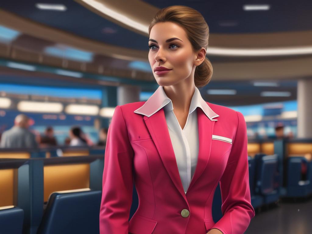 A graceful woman dressed in a sleek air hostess uniform,