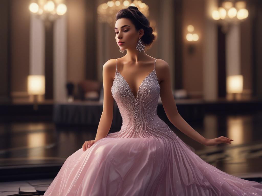 An elegant woman in a glamorous evening gown, positioned in