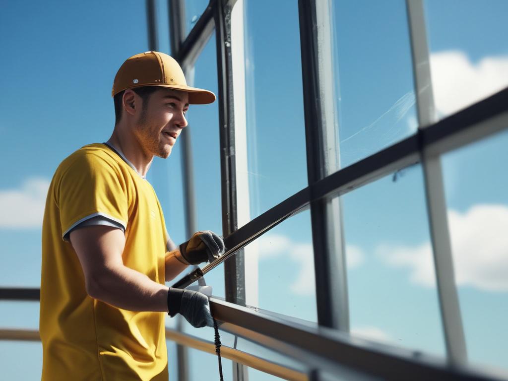 A professional window cleaner using a squeegee on a large