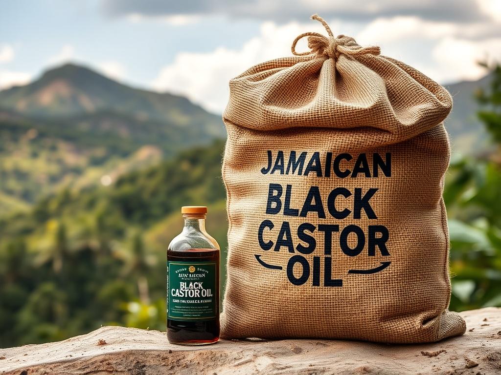 A high-resolution image showcasing a large, rustic burlap sack of Jamaican Black Castor Oil, with a glass bottle of oil placed beside it. The background features lush Jamaican landscapes, emphasizing the natural origins of the product. The lighting is warm and inviting, highlighting the earthy tones of the burlap and the rich, dark color of the oil.