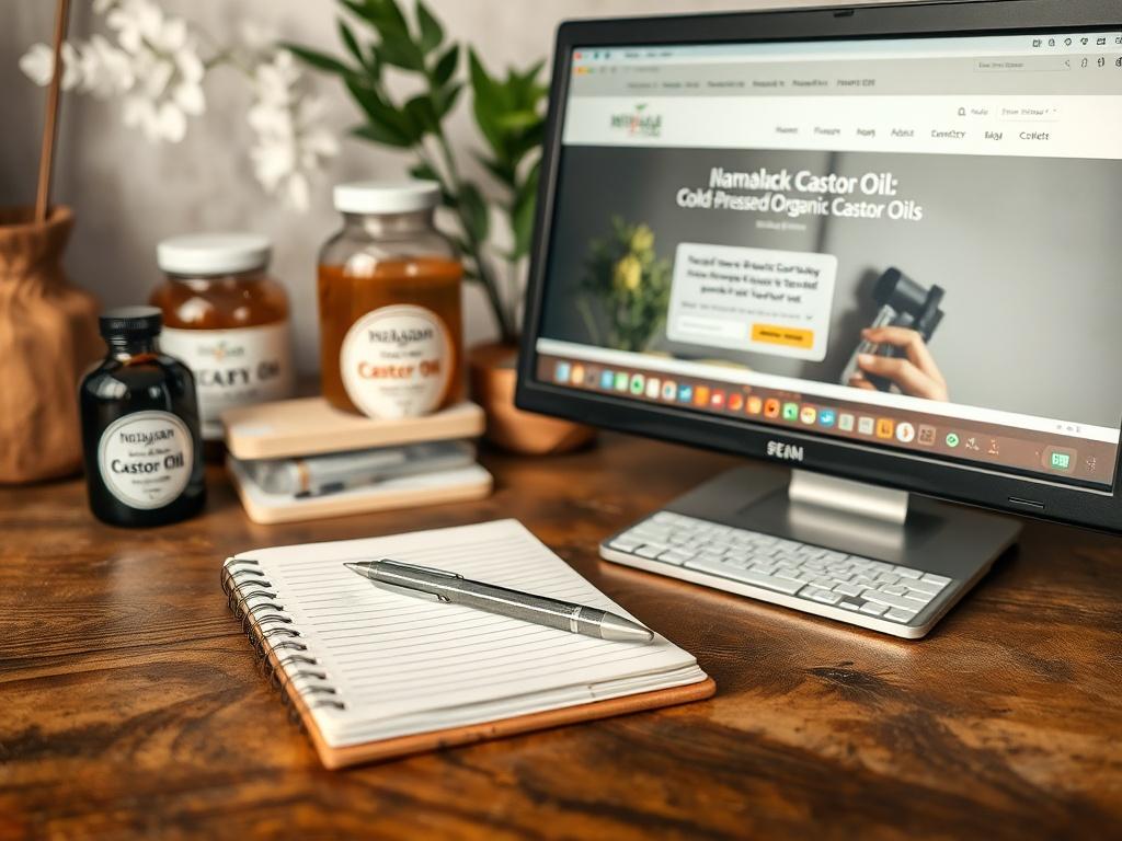An inviting workspace featuring a notepad and pen alongside a computer with a website open for quote requests. In the background, jars of Jamaican Black Castor Oil and Cold-Pressed Organic Castor Oil are visible, showcasing the variety available for custom orders. The atmosphere is professional yet warm.