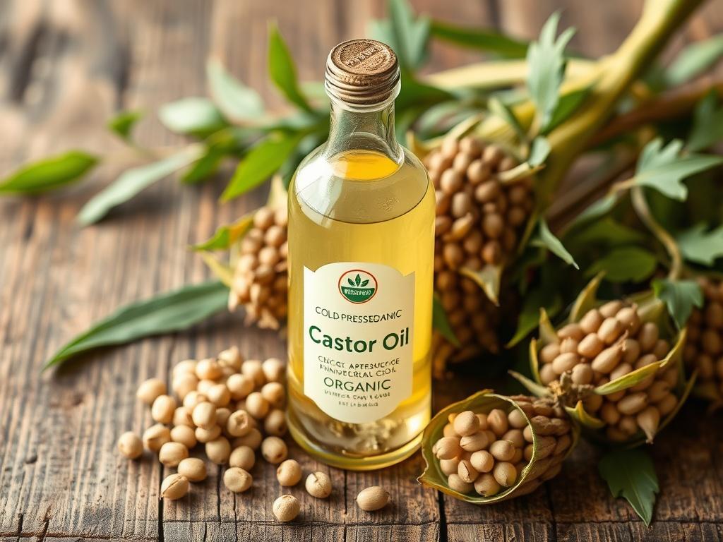 A clear glass bottle filled with Cold-Pressed Organic Castor Oil, set on a rustic wooden table. Surrounding the bottle are fresh organic castor beans and green leaves, symbolizing the natural and pure essence of the product. The setting is bright and natural, emphasizing the organic quality of the oil.