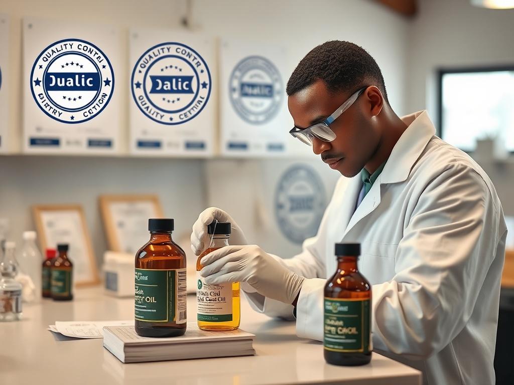 A realistic high-resolution photo of a quality control lab with certification documents, showcasing a bright and clean environment. The focus is on a lab technician examining samples of Jamaican Black Castor Oil, with quality certification logos visible in the background.