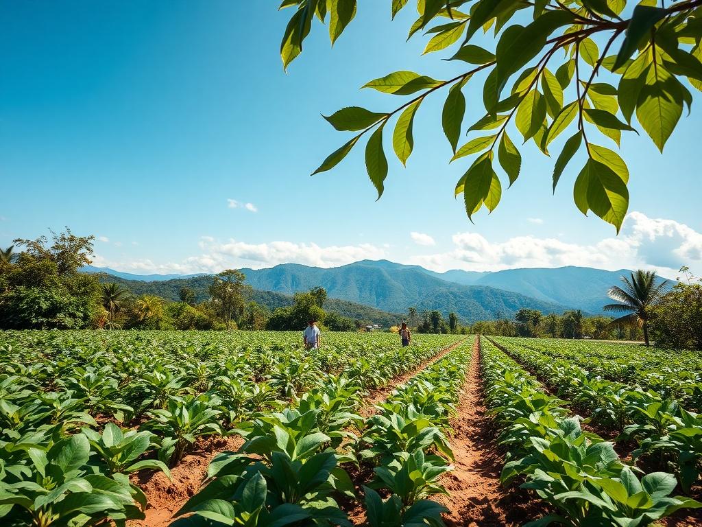 A realistic high-resolution photo of a lush Jamaican farm, showcasing organic castor plants with farmers working in the field. The background features mountains and a clear blue sky, highlighting the natural beauty of Jamaica.