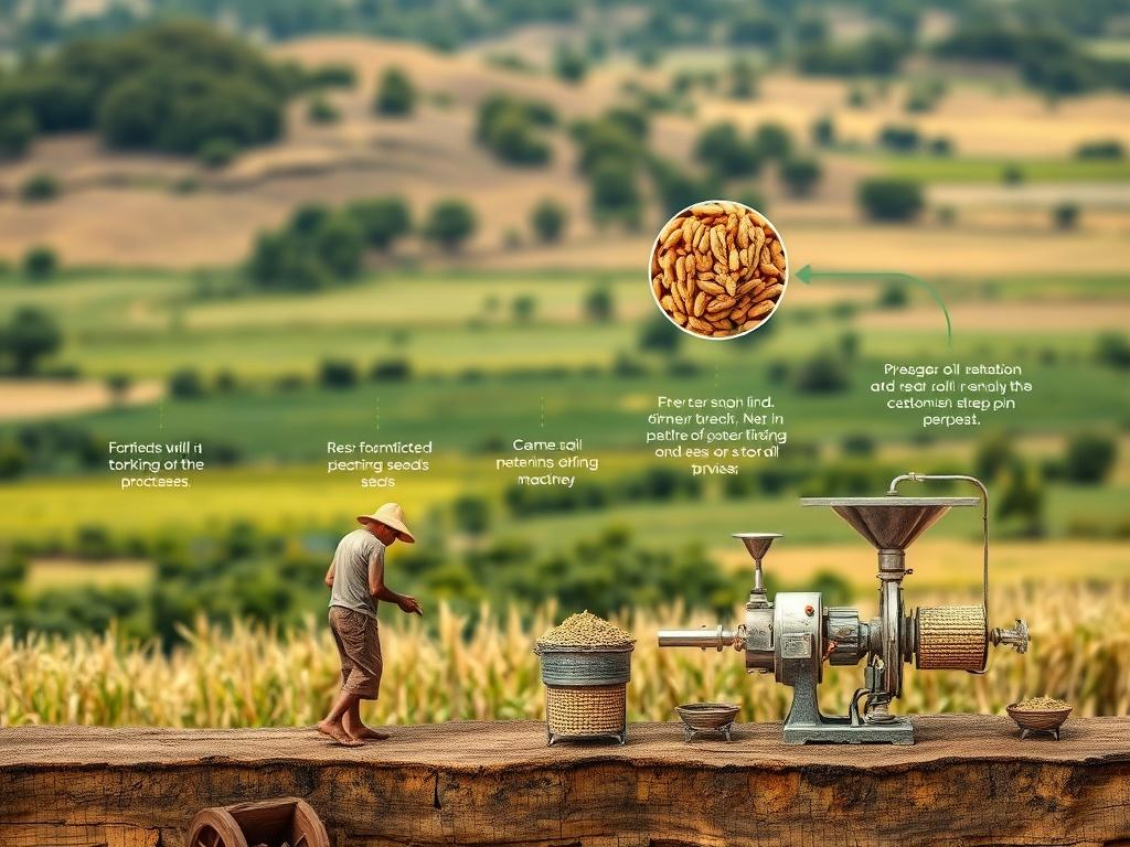 A realistic high-resolution photo illustrating the step-by-step process of oil extraction, featuring a farmer handpicking castor seeds, followed by images of the pressing machinery. The background should represent the local landscape, emphasizing the connection to nature.