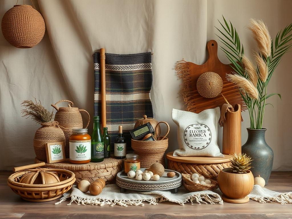 An elegant display of exclusive artisan products inspired by Jamaican culture, arranged beautifully with traditional textiles and handcrafted elements, evoking a sense of heritage and craftsmanship.