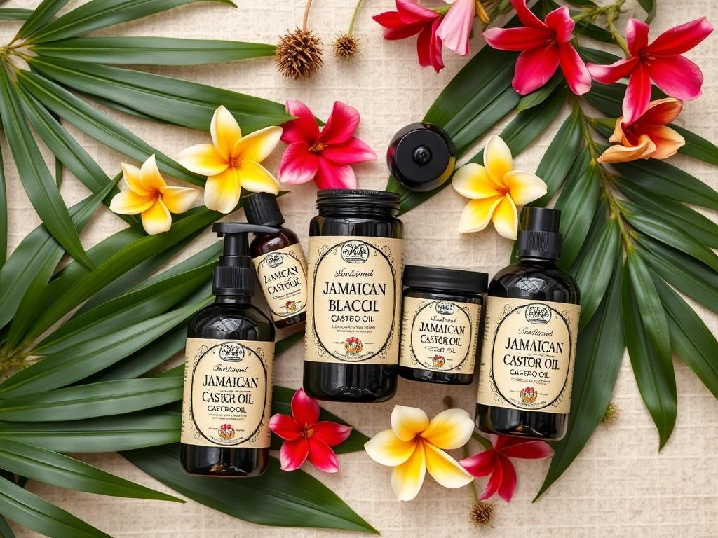 A serene flat lay of various jars of Jamaican Black Castor Oil products surrounded by tropical leaves and flowers, highlighting the essence of Jamaican culture. Use earthy tones and natural textures for a calming aesthetic.