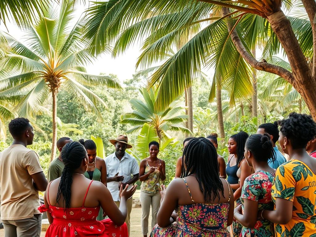 A lively gathering of diverse individuals participating in a workshop under tropical trees, engaged in discussions about Jamaican culture and wellness, creating a sense of community and connection.