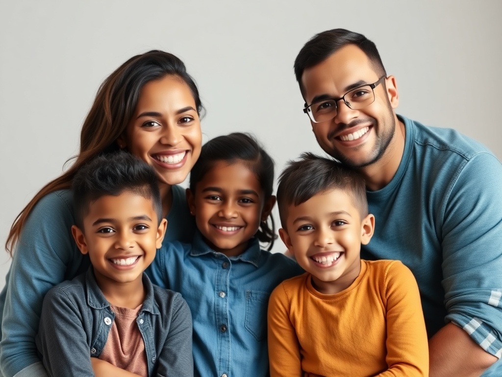 Mother, father and two children smiling together in family bonding moment