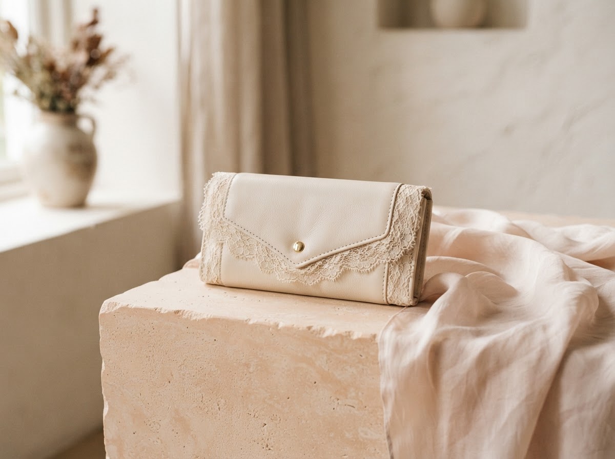 Cream lace-trimmed wallet displayed on a softly lit stone plinth