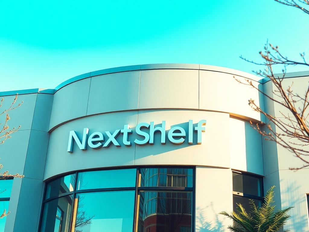A realistic high-resolution photo of the Next Shelf Partners office exterior. The office should be modern and inviting, showcasing the company logo prominently on the building facade. Natural light should illuminate the scene, highlighting the clean lines and professional appearance of the office. The background should be a clear sky, emphasizing a bright and optimistic atmosphere. The composition should be simple and clear, focusing solely on the office building.