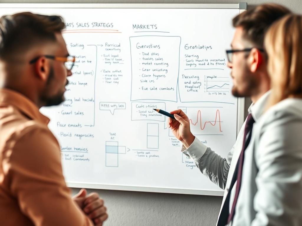 A close up of a whiteboard filled with sales strategies
