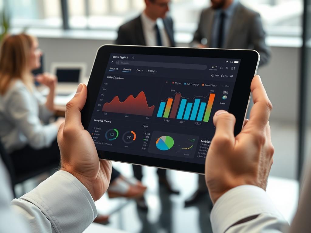 A close up of hands holding a tablet, displaying sales