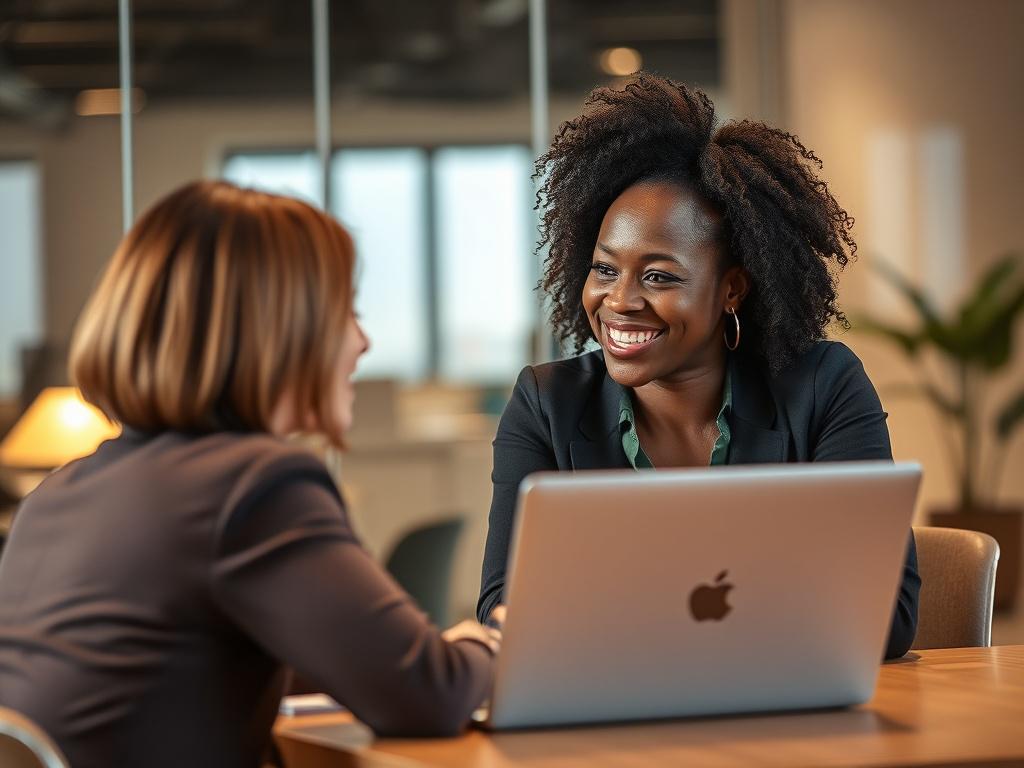 A professional Black woman in a private mentoring session, smiling and engaging in conversation with another woman across a desk. Both have laptops open, showcasing a collaborative atmosphere. The setting features warm lighting that creates a welcoming ambiance, with a modern office background that reflects professionalism. The focus is on the confident and approachable demeanor of the mentor as she inspires and guides.