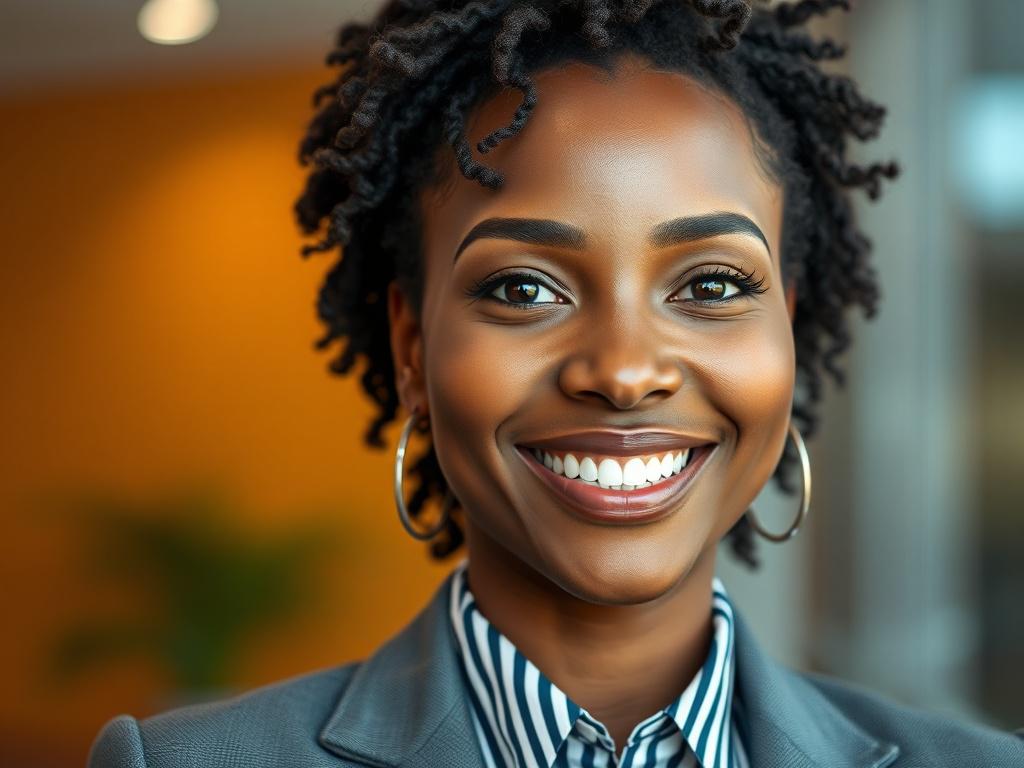 A warm, friendly close-up shot of a beautiful black woman, smiling and exuding confidence. She is wearing professional attire, showcasing a welcoming demeanor. The background is soft-focused, drawing attention to her engaging expression. The lighting is bright yet soft, emphasizing her features while creating an inviting atmosphere. The image should be realistic and high-resolution, compatible with the primary color rgb(2, 86, 197).