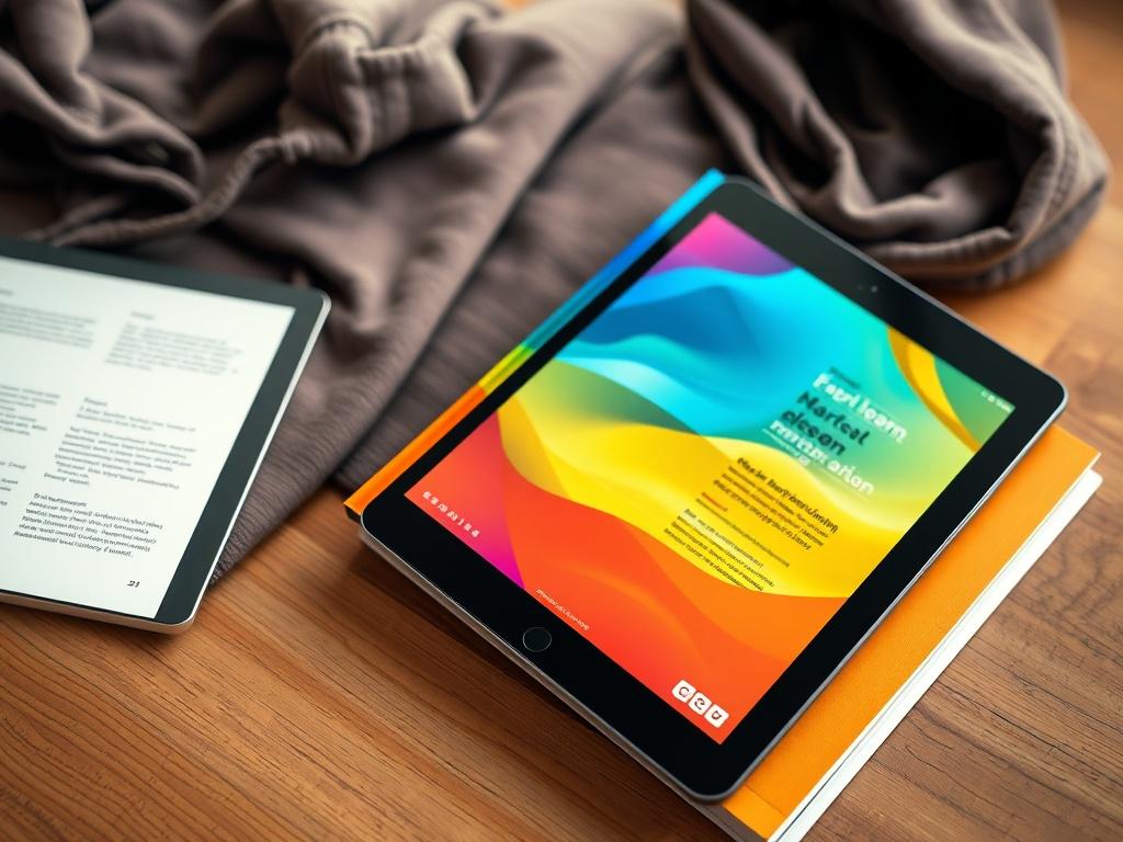 Flat lay of a colorful book and an open tablet beside a folded hoodie or t-shirt on a wooden desk. The wooden desk should have a warm tone, enhancing the cozy and inviting atmosphere. The book should be vibrant and visually appealing, while the tablet displays engaging content. The hoodie or t-shirt should be neatly folded, adding a touch of casual comfort to the scene. The overall composition should be professional and clean, without any visible brand names.