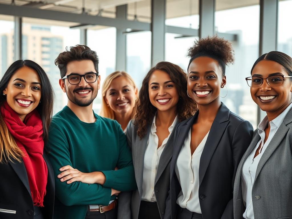 A diverse group of professionals, including individuals of various ethnicities and genders, smiling together in a modern office setting with large windows showcasing city views in the background. The scene conveys a sense of empowerment and community, with everyone dressed in smart casual attire, exuding confidence and collaboration. The composition is simple and clear, focusing on the group, with soft natural light illuminating their faces. The colors should harmonize with the primary color rgb(2, 86, 197)